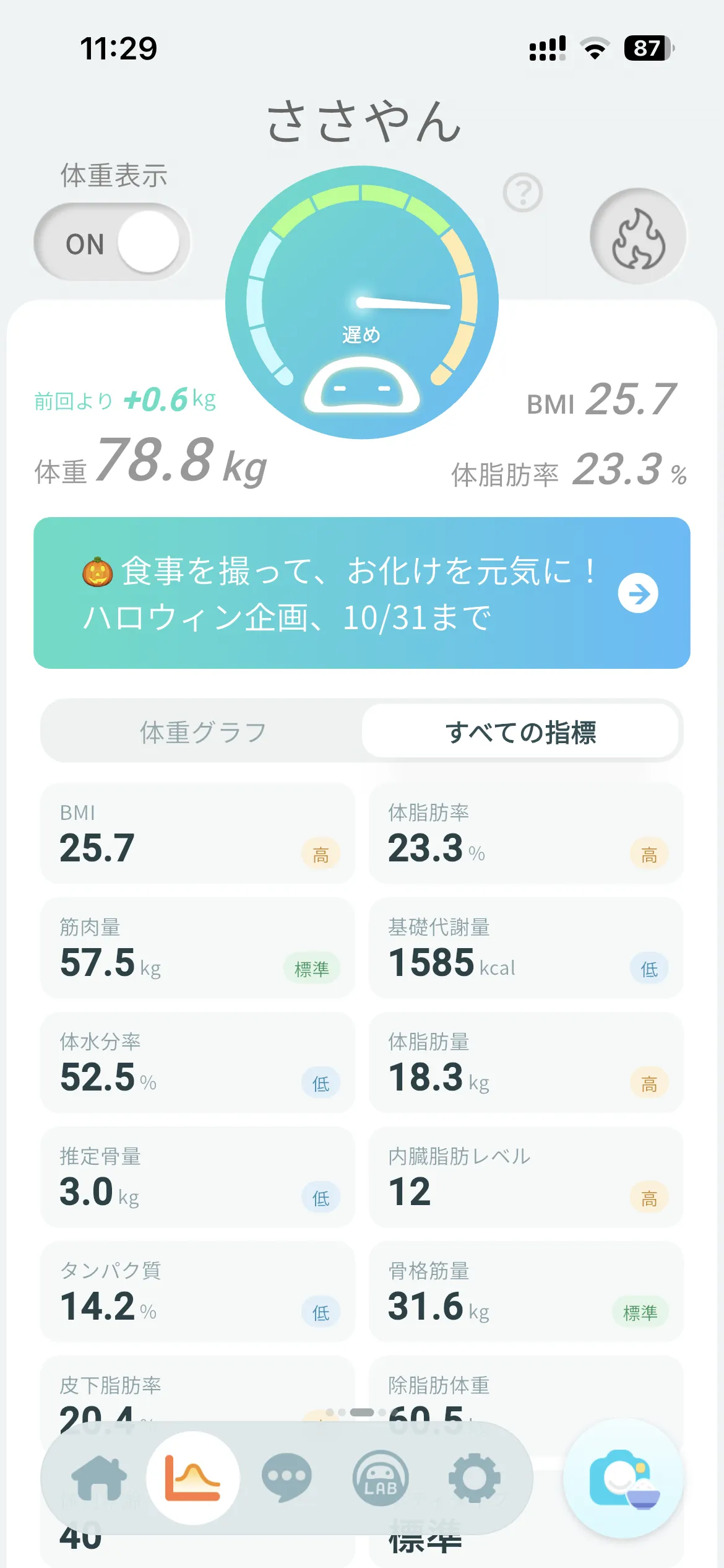 筆者の測定結果の詳細画面。BMIや体脂肪率、筋肉量などの項目が並ぶ